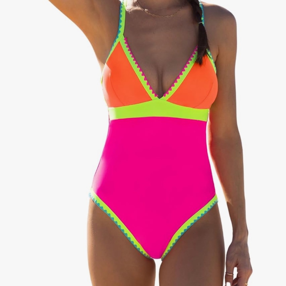 Vibrant Pink and Orange One-Piece Swimsuit
